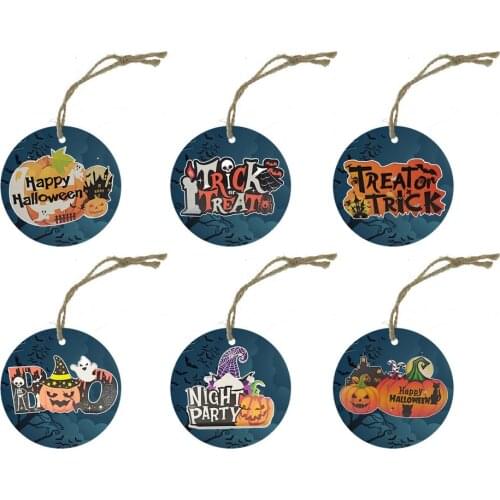 6pcs Halloween Round Shape Wood Hanging Pendant Natural Wooden Ornament Scrapbooking Wood DIY Craft Home Decoration