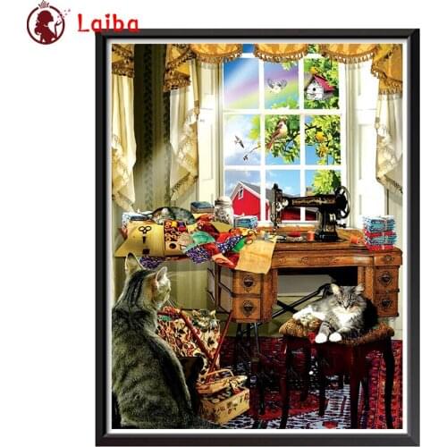 Diamond Mosaic Sewing machine room animal cat round drill Cross Stitch Diamond Embroidery Painting Full Square Decor For Home
