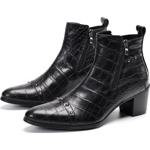 Black Leather Mortorcycle Boots Men British Style Ankle Boots High Heel Crocodile Pattern Work Boots With Rivets New Winter Shoe