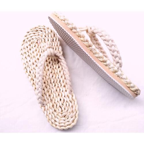 Comemore Fashion Womens Mens Straw Slippers Handmade Chinese Sandals Unisex Summer Home Shoes New Couple Shoes Flat Size 43 44