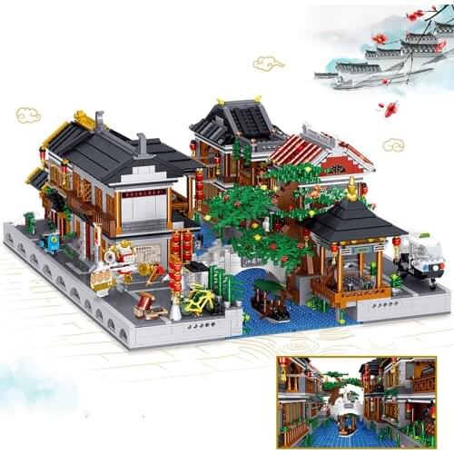 Chinese Ancient Architecture Jiangnan Water Town Building Blocks City Street View with Figures Constructions DIY Bricks Set Toys