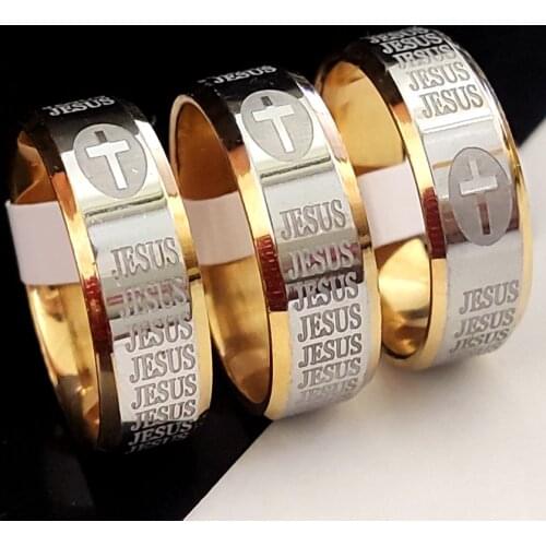 20pcs Religious Stainless Steel Jesus Cross Ring Letter Bible Prayer Finger Rings For Men 8mm Male Amulet Jewelry