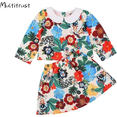Newborn Kids Baby Girl Clothes Set Floral Print Long Sleeve Round Neck Tops+ A-line Skirt Girls Clothing 2PCS Outfits
