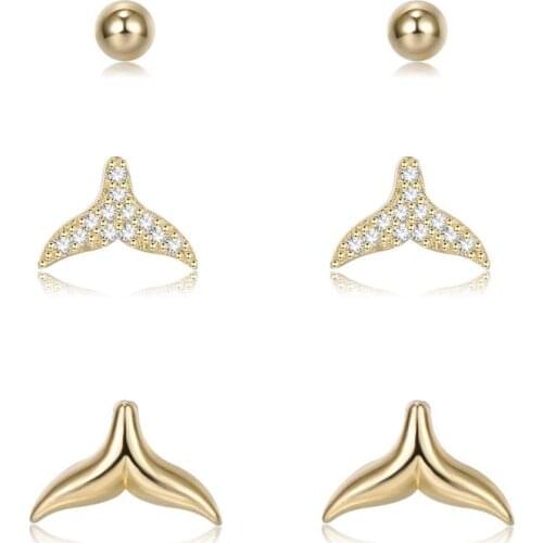 SILVERHOO 925 Sterling Silver For Women Full Clear CZ Fish Tail & Round Tiny Cute Earrings Sets Luxury Gold Stud Earring Jewelry