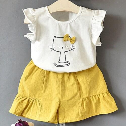 Girls Sets 2020 Summer New Childrens Clothing Girls Cute Cat Bow Ruffled T-Shirt + Solid Color Shorts Two-Piece Suit
