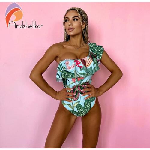 Andzhelika Floral Ruffled One-Piece Swimsuit Sexy One Shoulder Women Monokini 2021 Girls Brazilian Beach Bathing Suits Swimwear