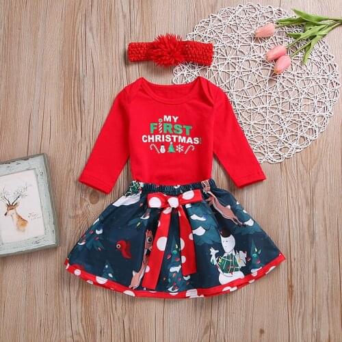 Menoea Christmas Clothes Baby Girls Letter Pattern Tops Outfits Romper Tutu Skirts Headband Set 3pcs Kids Clothing With Headband