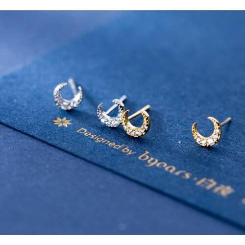 MloveAcc 925 Sterling Silver Mini Cute Zircon Moon Stud Earrings for Women Girls Daughter Fine Fashion Jewelry Gift
