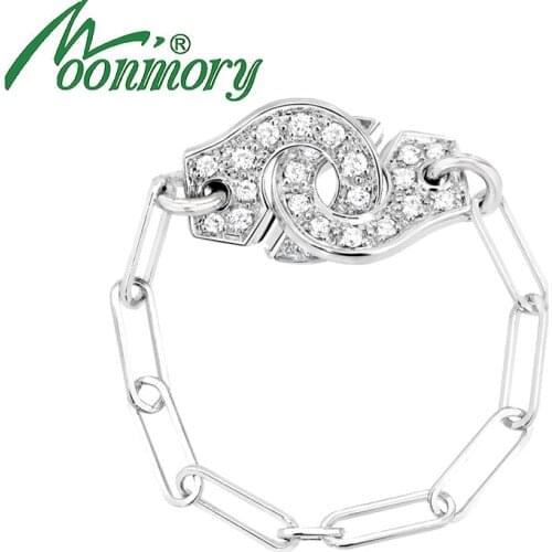 Moonmory 925 Sterling Silver Rock Punk White Zircon Menottes Chain Ring For Women Crystal Hand Cuff Party Rings Jewelry Making