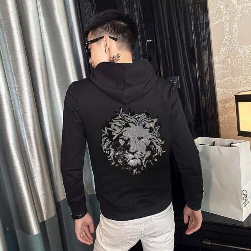 Soft Quality Delicate Animal Rhinestone Hoodie Mens Brand Sweatshirt Stretch Oversized Solid Color Pullover