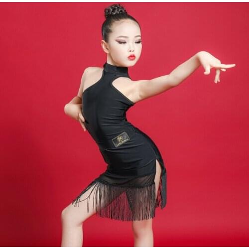 New Childrens Black Latin Dance Suit 2 Pieces Set Girls Sleeveless Slim Tops Tassel Skirt Suit For Kids Practice Clothes DL6142