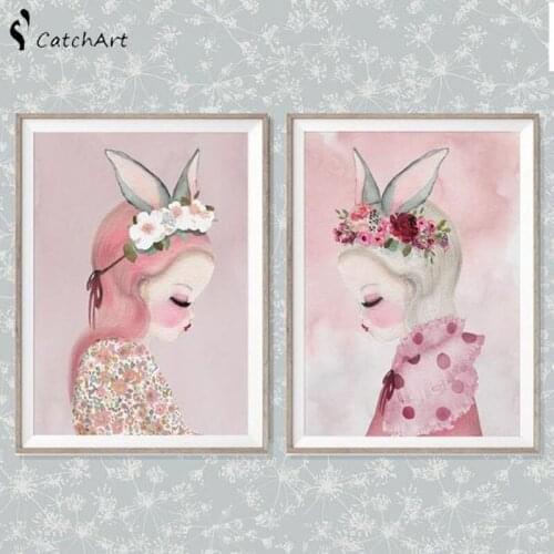 Nordic Pink Cartoon Watercolor Flower Girl Rabbit Elf Animal Unicorn Swan Poster Canvas Painting Wall Picture Kids Room Decor