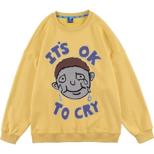 IT IS OK Harajuku Sweatshirt Japanese Cartoon Letter Print O Neck Autumn Hoodies Men and Women Retro Terry Oversize Streetwear