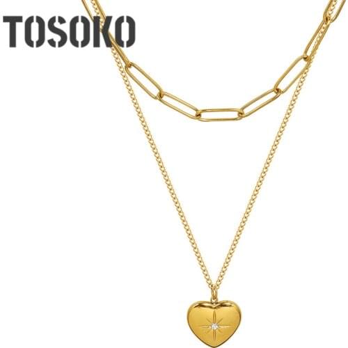 TOSOKO Stainless Steel Jewelry Double Layered Peach Heart Love Necklace Womens Sweet Zircon Clavicle Chain BSP1079
