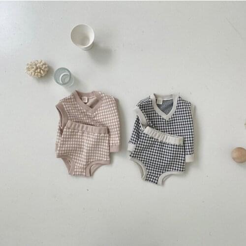 Knitwear Baby Sleeveless Sweater Set Plaid Toddler Girls Clothes Set Knitted Vest +Short Suit Little Kids Boys Cardigan Vest