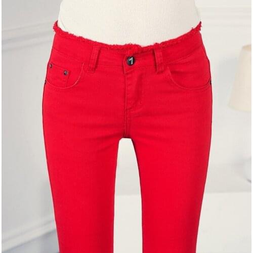 Spring New Red Tassel Jeans Woman Denim Cotton Stretch Flare Pants White Black Korean Slim Fit Jeans Femme Ankle-Length Pants