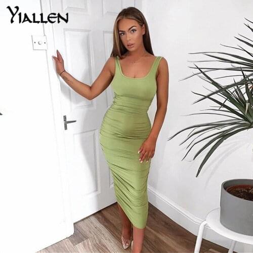 Yiallen Sexy Sleeveless Low Neck Midi Dress High Stretch Ruched Daily Outfit Kardashian Style Bodycon Party Club Long Dress Hot