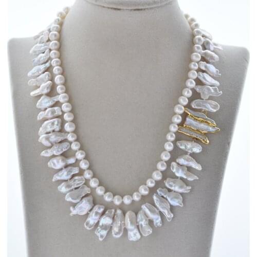 Z10760 2Row 18" White Round Biwa Dens gold-plating Pearl Necklace
