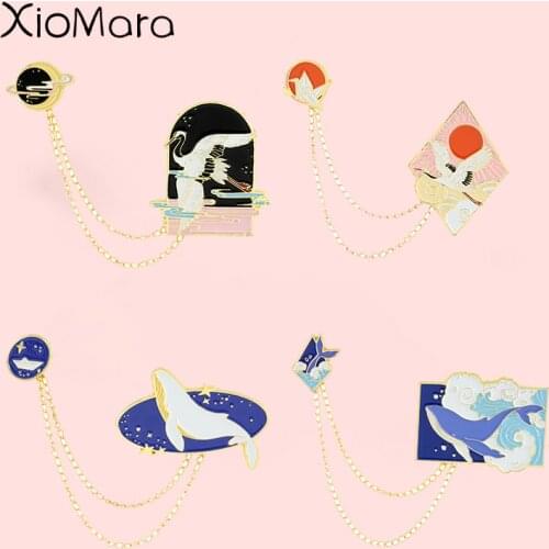 Double Chain Whale Brooches Whales Flying In The Starry Sky And Waves Fairy Crane Lapel Enamel Pin Badge Jewelry Gifts For Women