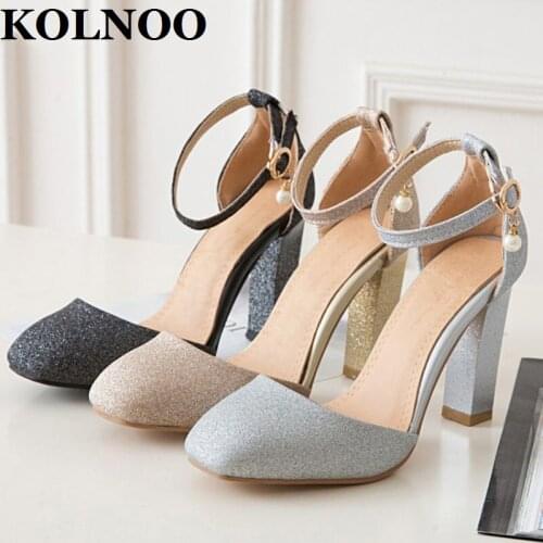 KOLNOO Handmde Womens Chunky Heels Sandals Buckle Ankle Strap Pearl Two Peices Sexy Evening Fashion Party Prom Summer Shoes T710