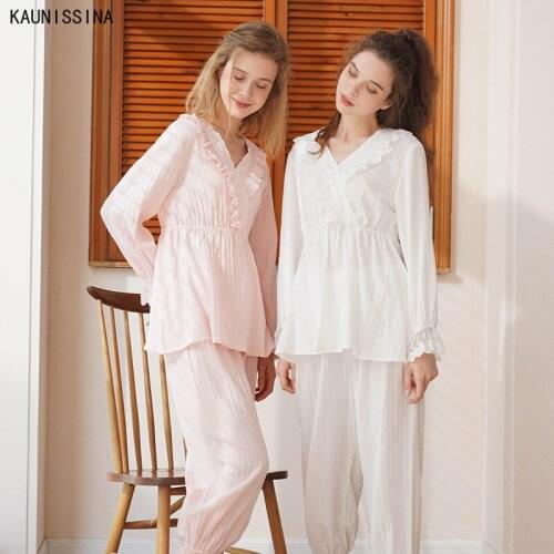 Womens 100% Cotton Pajamas Sets Autumn Vintage Sweet Female White Pink Pyjamas Long Sleeve Sleepwear Princess Home Nightwear
