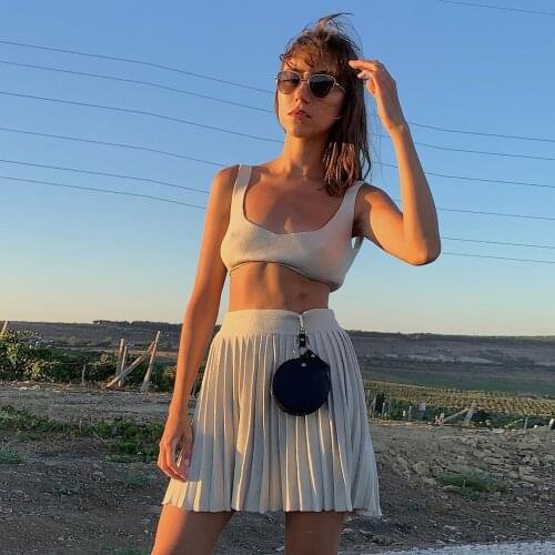 Two-piece suit sexy pleated knitted dress Women sleeveless casual mini dress Summer beach cropped vintage sun dress set female