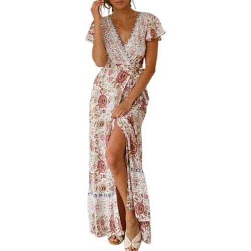 Ele-choices S-5XL Women Summer Dress Sexy V-neck Women Floral Print Summer Dress for Holiday Daily Wear