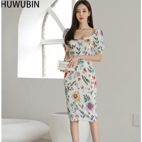 2021 Summer New Korean Womens Chic V-Neck Celebrity High-End Temperament Medium Length Slim Print Hip Fashion Dress