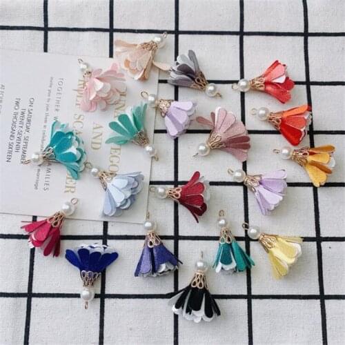 10pcs/lot new creative fabric flower tassel for diy craft mini pearl tassel charms with gold rings accessories jewelry findings
