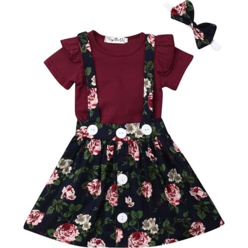 Toddler Girl Clothes Newborn Baby Girls Tops Short Sleeve Bodysuit Flower Suspender Skirt 3pcs Outfits