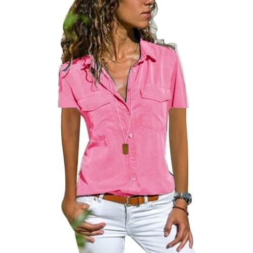 70% Hot Sell Plus Size Women Lapel Button Pocket Shirt Solid Color V Neck Short Sleeve Blouse