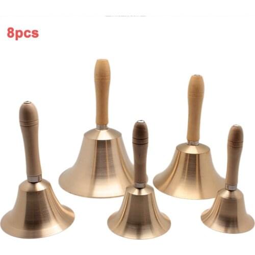 8pcs Christmas Bells Wooden Handle Copper Bell for Noble Reception Dinner Shop Hotel Church Hand Rattle School Handbell Decor