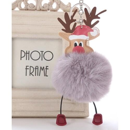 Cute Cartoon Reindeer Fluffy Pompom Ball Bag Pendant Ornament Keyrings Keychains Women Car Key Ring Holder Bag Accessories