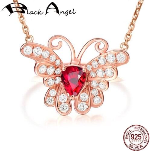 BLACK ANGEL 18K Rose Gold Luxury Ruby Butterfly 925 Silver Gemstone Pendant Necklace For Women Wedding Jewelry Party Gift