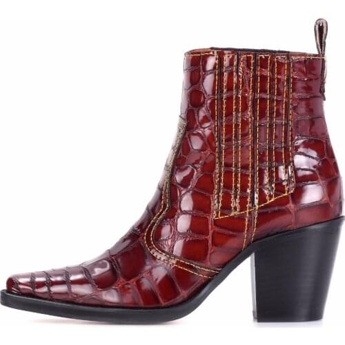 ENMAYER Crocodile Print Cowboy Booties Patent Square Toe Texas Ankle Boot With Block Heel White Slip Mid Heel Short women boots