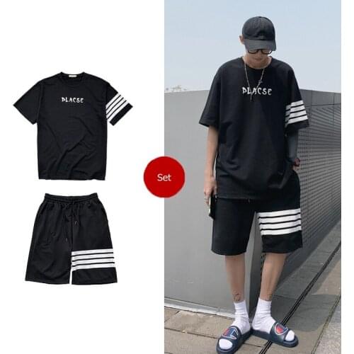 2 pieces Men Sets Summer T-Shirts and Shorts Letter Stripe Short Sleeve Casual Clothing Stretch Jogging Running Tees Big Size
