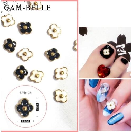 GAM-BELLE 10Pcs Four Leaf Clover 3D Nail Art Decoration DIY Flower Black White Metal Nail Rhinestone Stones Beauty Manicure Tool