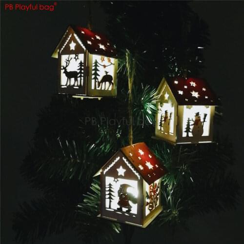 Playful bag Christmas light-up wooden house DIY New Year decorations Christmas Tree ornaments Led Pendant children gift toy AA59