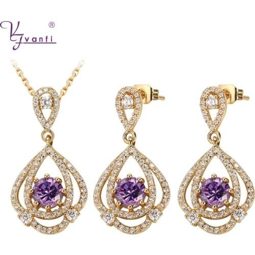 Kfvanfi Purple Zircon Design Beautiful Fashion Jewelry Sets Purple Zircon Necklace Earring For Women Gift