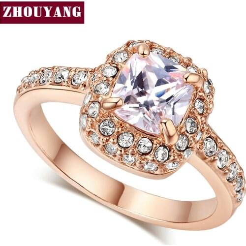 ZYR026 Four Claw Rose Gold Color Princess Cut Cubic Zirconia Wedding Ring Genuine Austrian Crystals Full Sizes