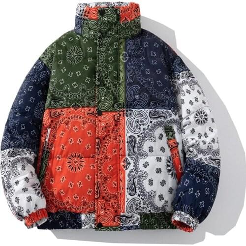 2021 Winter Oversized Jacket Men Paisley Floral Print Parkas Vintage Loose Thick Jackets Unisex Warm Cotton Color Block Padded