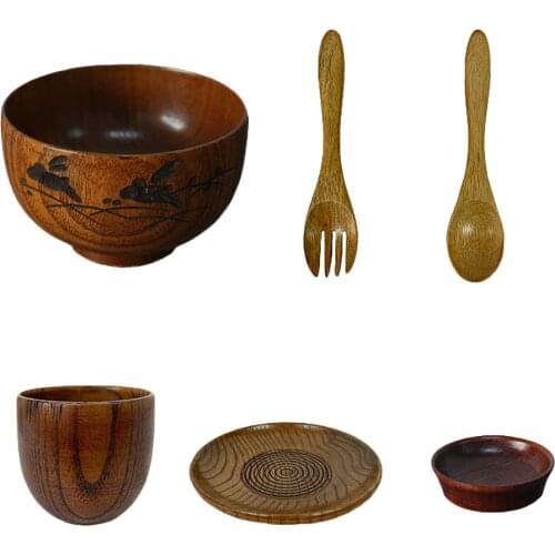 6pcs Japanese Cutlery Tableware Set Wooden Rice Bowl Spoon Fork Dish Cup Jujube Wood Rice Bowl Fork Spoon Cover