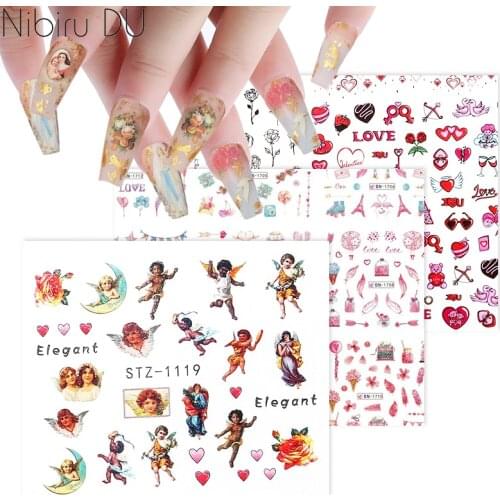 Nail Stickers Designer Angel Virgin Mary Cupid Valentines Day Water Transfer Tattoo Decals Sliders 3D For Nails Art Design