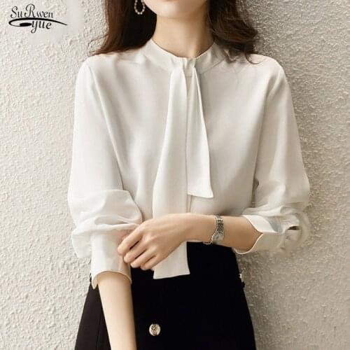 Autumn Silk Shirt White Blouses Causal Stand Collar Elegant Long Sleeve Blusas Tops Office Lady Fashion Tie Blouse Women 16577