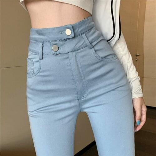 High Waist Double Buckle Tight Jeans Womens Slim Solid Straight Pants Womans Casual Elasticity Black Jeans Woman 2021