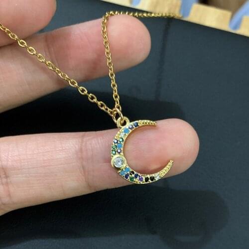 Vintage Gold Color Mirco Pave CZ Moon Shape Pendant Necklace Minimalist Charm Stainless Steel Clavicle Chain Choker Jewelry