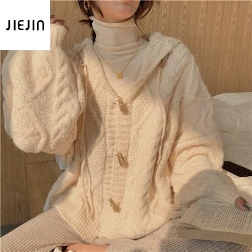 Vintage Beige Cardigan Korean Fashion Simple Hooded Knitwear Sweater Loose Cable-knit Cardigan Long Sleeve Outerwear Chic Tops
