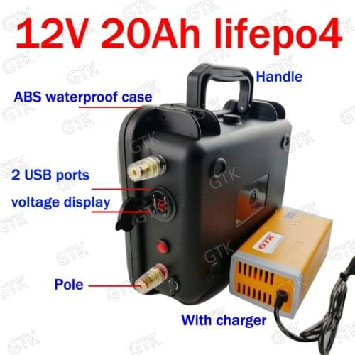 Waterproof 12v 20Ah lifepo4 battery pack with USB port ABS case for Inverter e-bike electric bicycle camping UPS + 3A Charger