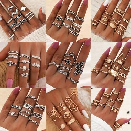 Mix Design Vintage Boho Geometric Flower Ring Set Ethnic Punk Totem Moon Heart Antique Silver Color Knuckle Finger Midi Rings