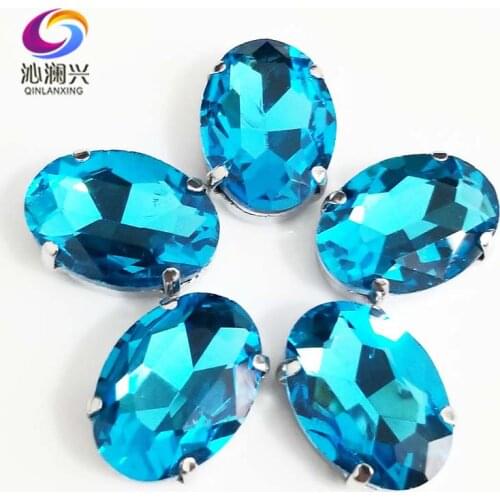 Lake blue oval shape High quality Glass Crystal flatback sew on claw rhinestones with holes,Diy/Clothing accessories SWT12